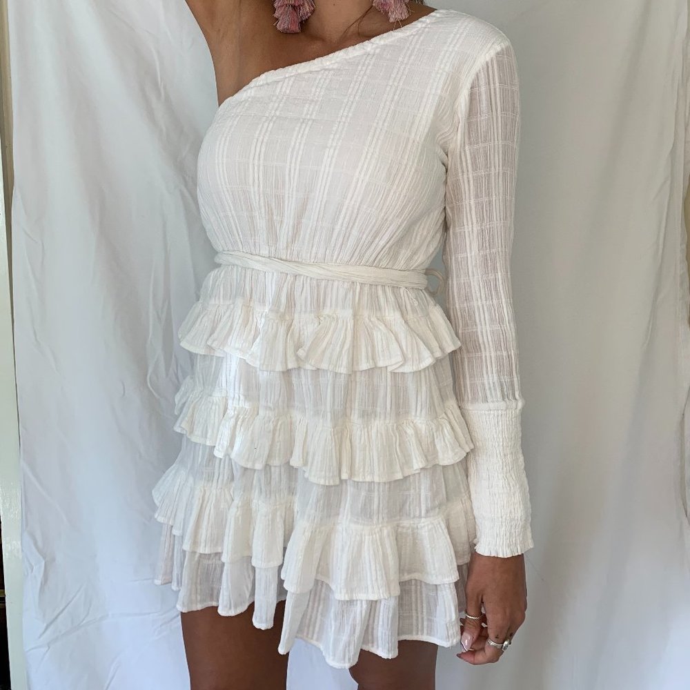 White One Arm Ruffle Summer Dress